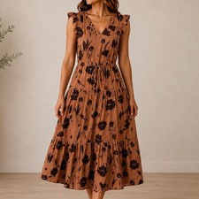 Simply Vera Vera Wang Floral Linen Blend Midi Dress Brown Tie Waist Ruffle Small