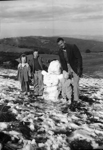 Vintage Oversized Photo Negative Family 1950's Man Kids Snowman