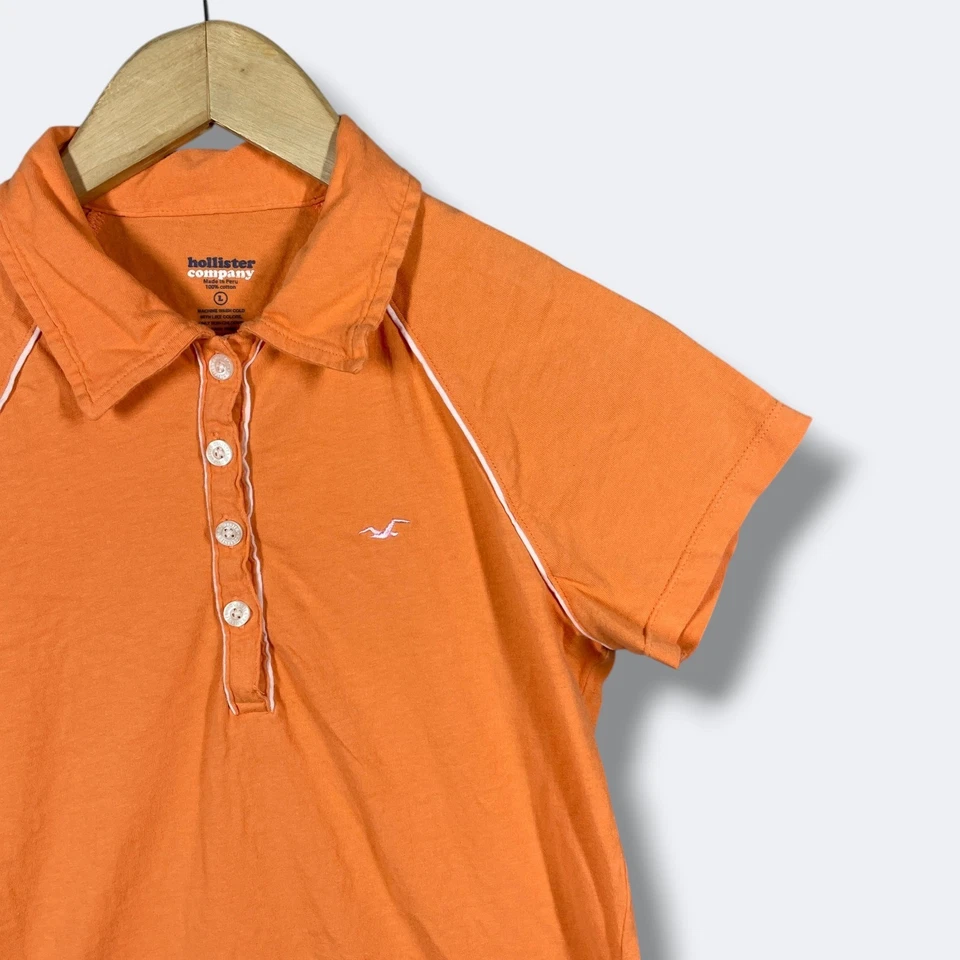 Y2K Hollister s/s Polo Mujer Grande Delgado Naranja Piqué Algodón Logo Preppy Foto 2 de 4
