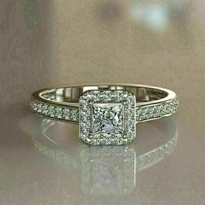 14K White Gold Plated In 2.50Ct Princess Cut Simulated Diamond Fancy Halo Ring