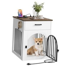Dog Crate Furniture, Wooden Dog House with Charging Station White and Walnut