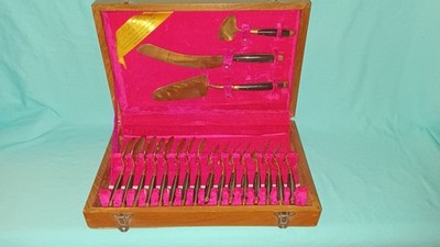 Vintage 1960 s Jewelers 19 Piece Brassware And Teak dessert set.