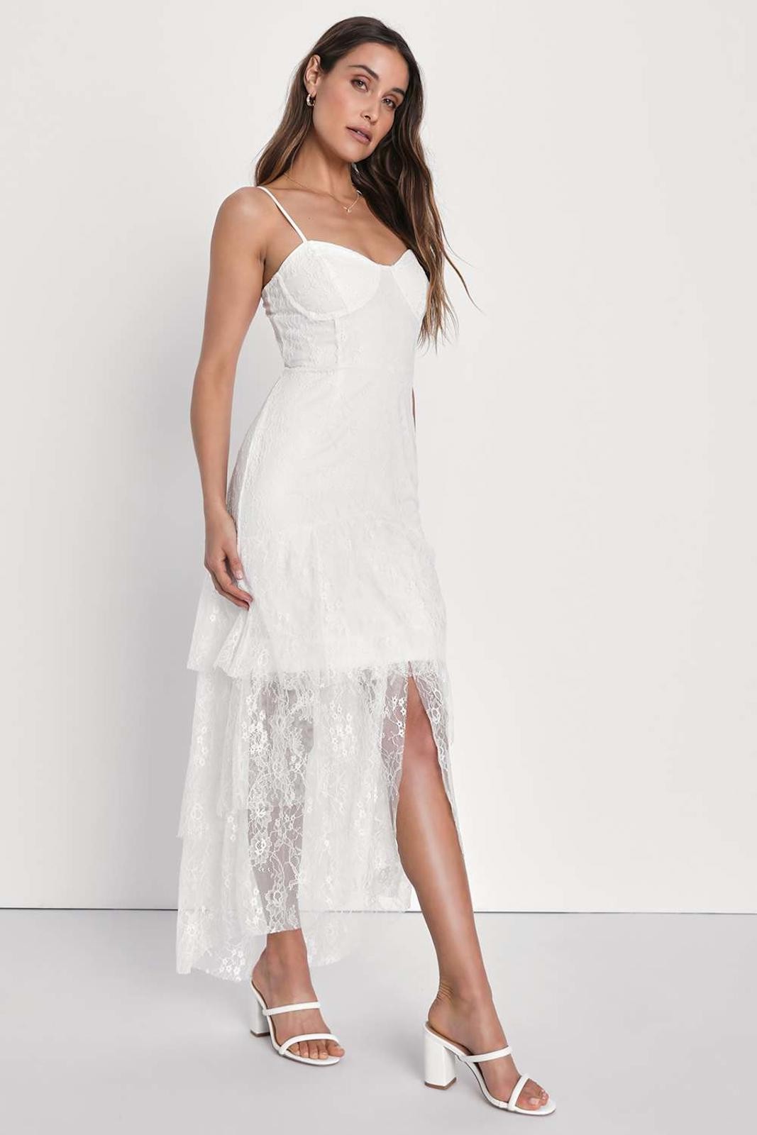 Lulus Elaborate Love White Lace Bustier Tiered High-Low Maxi Dress Size M