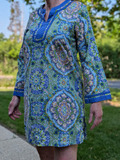 Oscar de la Renta For Nieman Marcus Tunic Dress Size M Blue Green Purple Cotton