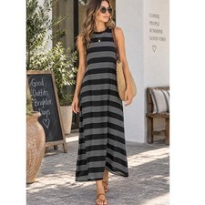 JUST Dress Women Small Black White Striped Maxi Natasha Boho Nautical Beach