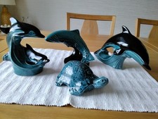 4 Vintage Teal /Black Glazed Poole Pottery Dolphins/Leaping Salmon Tortoise 