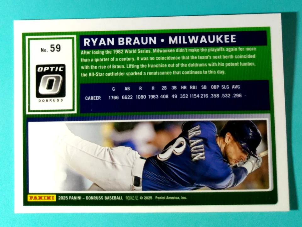 2025 DONRUSS BASEBALL *** Ryan Braun: OPTIC *** #59 - Image 2 of 2