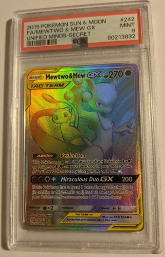 2019 Pokémon Sun & Moon TCG FA/MEWTWO & MEW GX Card #242/236 PSA 9 Near Mint