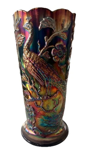 Fenton Black Marigold Amethyst Peacock Vase 1980 W768 Carnival 8”Collectable