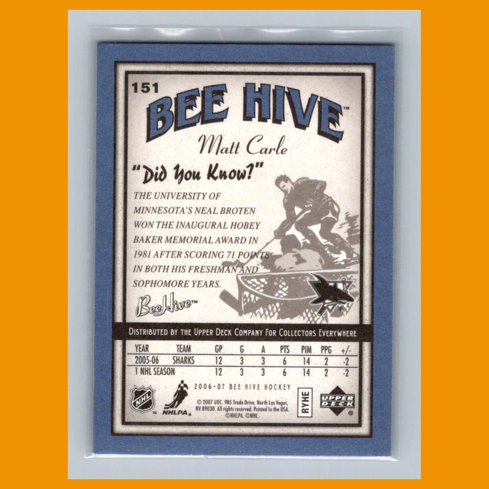 Matt Carle Rookie #151 2006-07 Upper Deck Beehive Blue San Jose Sharks Hockey - Image 2 of 3