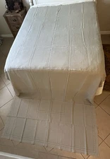 Beautiful Khaki Linen Tablecloth 72x138 White Embroidered Dots Banquet Size