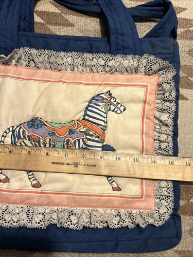 Vtg Handmade Purse Granny Quilt Padded Tote Bag Carousel Horse Laced Blue 1980’s - Picture 6 of 8