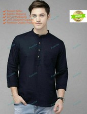 Solid Plain Traditional Top Shirt Solid Mens Wear Cotton Short Black Kurta