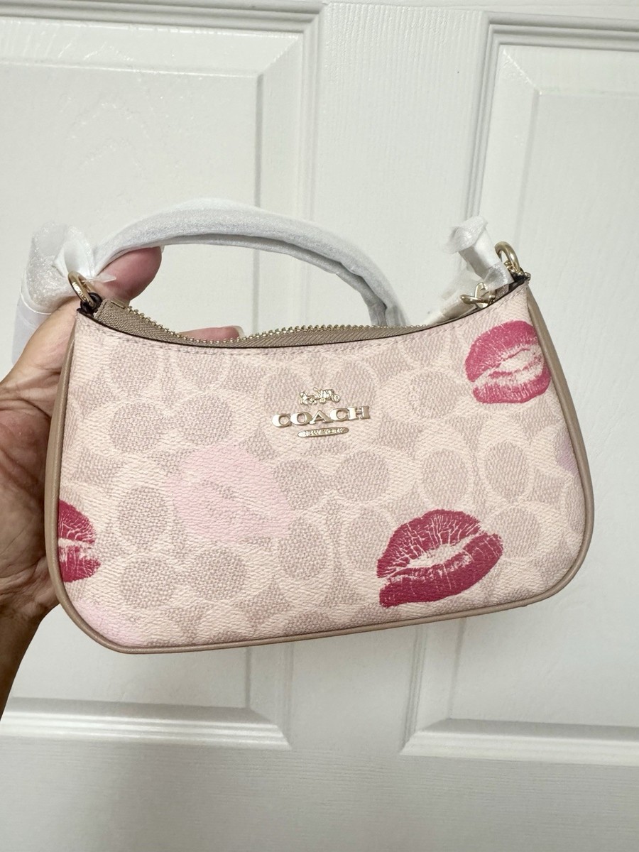 NWT Coach Teri Mini Crossbody Bag In Signature Canvas With Lips