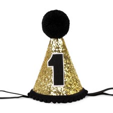 BAOBAOJOY Black Gold 1st Birthday Cone Hat - Glitter Party Hat for Boys  Gir...