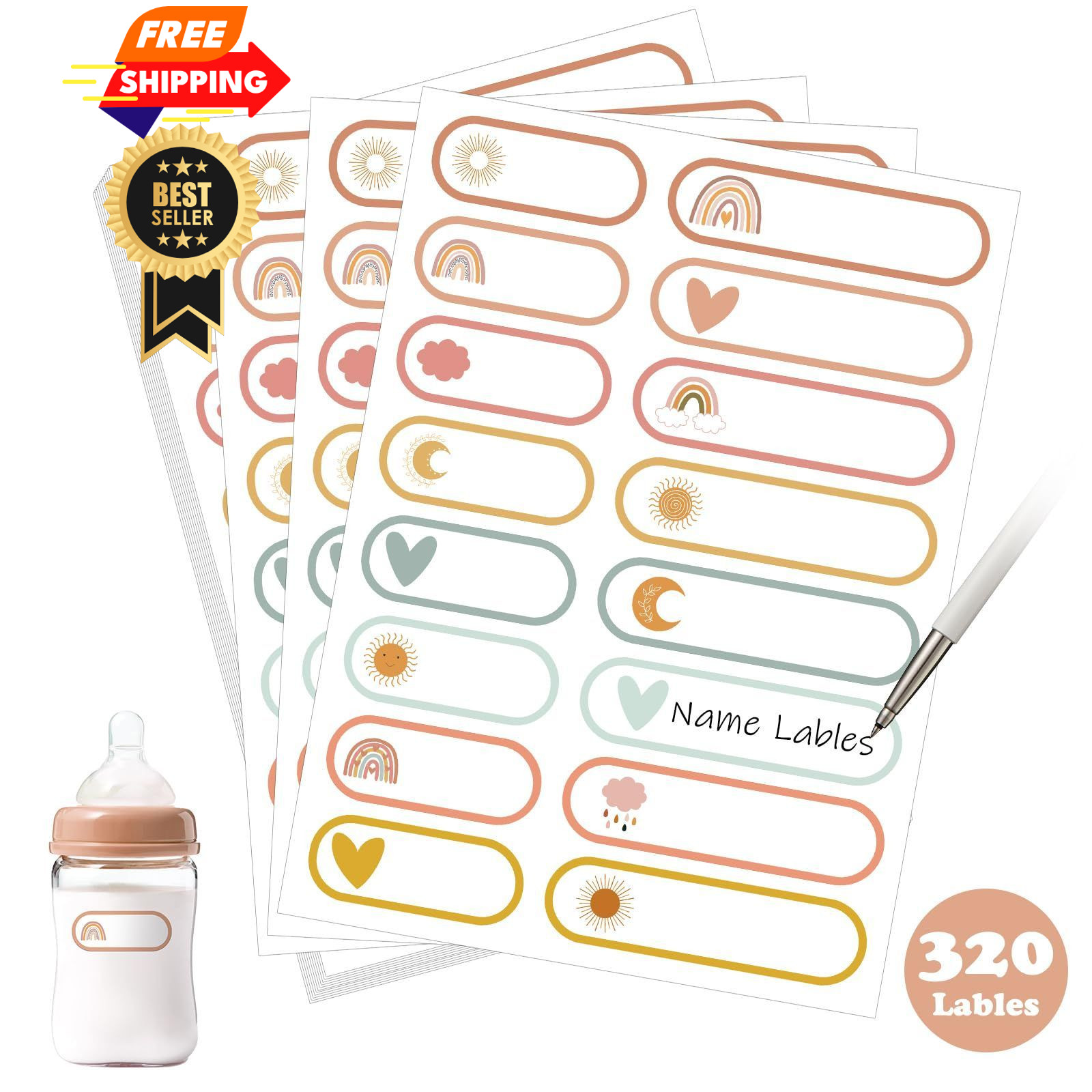320 Pcs Baby Bottle Labels for Daycare, Name large, Multicol