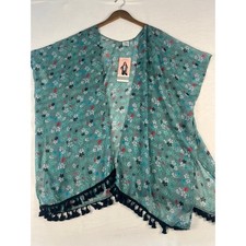 NWT Serra Kimono Cardigan W OS Blue Floral Tassel Trim Sheer Wrap Beach Boho