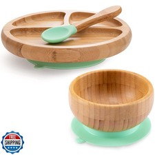Baby Bamboo Suction Plate, Bowl and Spoon Set, Wooden Feeding Set for Toddler