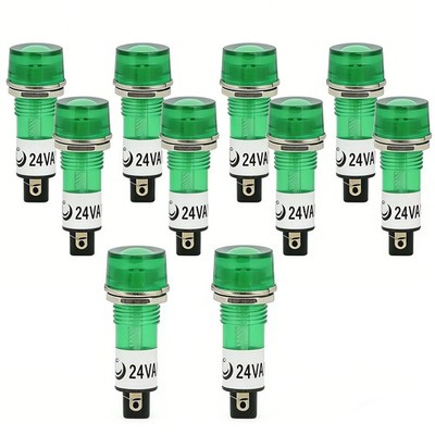 10 Pcs AC/DC 24V 2 Terminals Green Light Signal Threaded Indicator Lamp