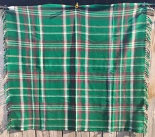 Vintage Faribo Woolen Mill Co Blue Green Plaid Stadium Fringed Blanket 52"x62"