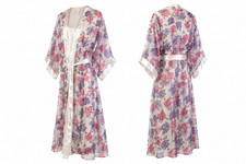 Vintage Floral Sheer Robe Set Nightgown Lace Trim Pink Purple Roses 2XL