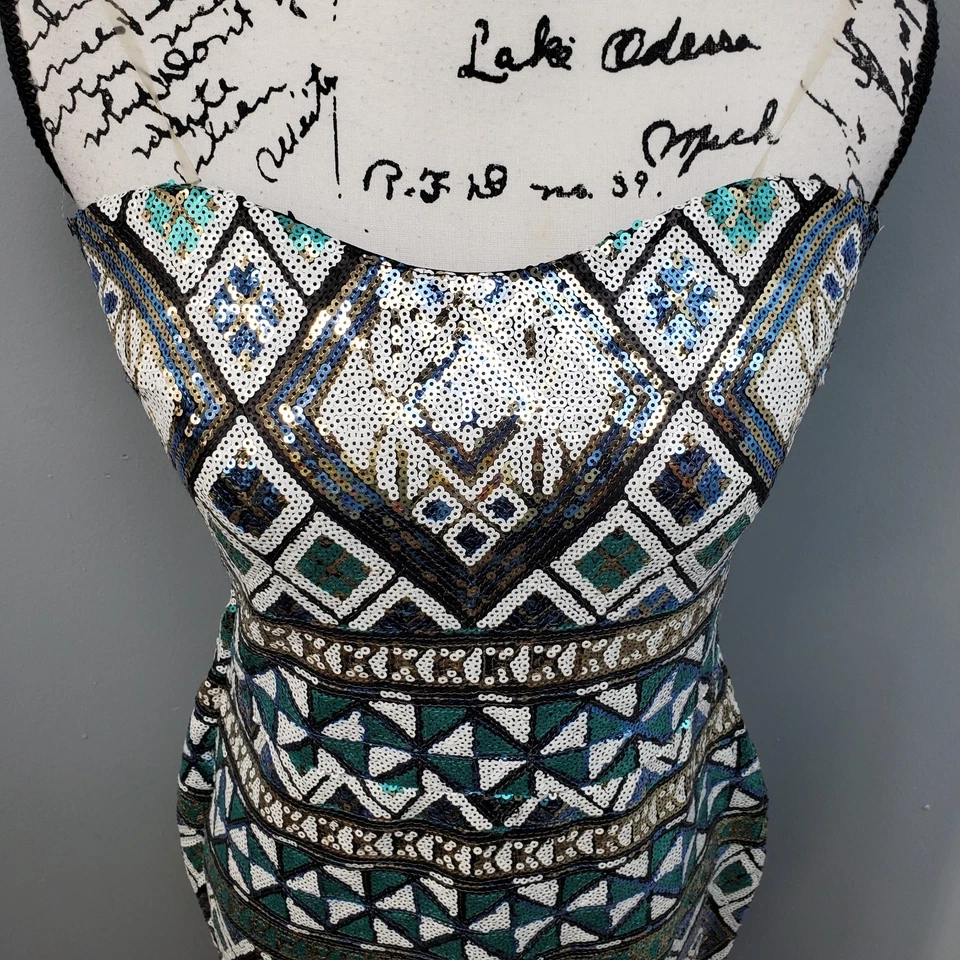 Vestido Body Central Bodycon Para Mujer L Multi Geo Estampado Lentejuelas Adornado Cremallera Lateral Foto 4 de 4