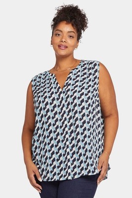 NYDJ Women Sleeveless Pintuck Blouse Chino Geo Plus Size 3X Blue Polyester $79