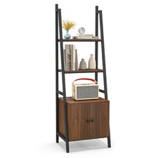 4-Tier Ladder Shelf with Cabinet and Metal Frame-Rustic Brown - Color: Rustic Br