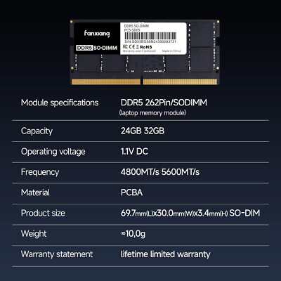 Fanxiang 64GB (2x32GB) DDR5 4800MHz 262 Pin SODIMM Memory