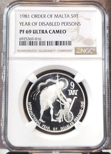 1981 ORDER OF MALTA SILVER 9 TARI SAINT JOHN NGC PF 69 ULTRA CAMEO RARE TOP POP