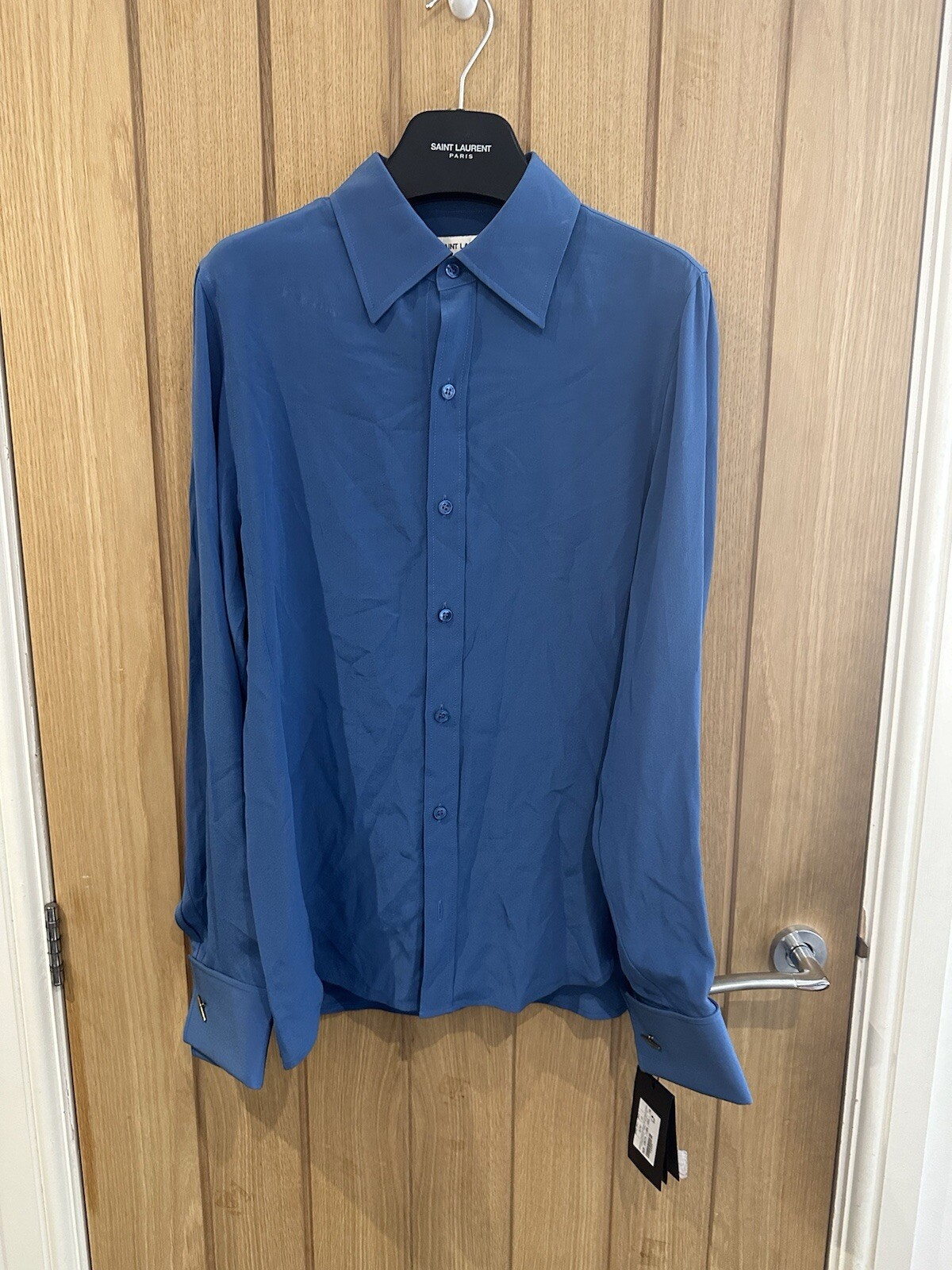 Camicia blu aderente SAINT LAURENT taglia 12 (F40) prezzo consigliato originale £ 790 #R1