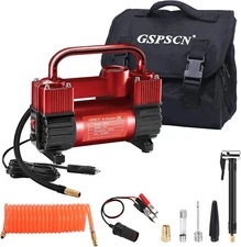 GSPSCN Red Tire Inflator Heavy Duty Double Cylinders, Portable Metal DC 12V Air