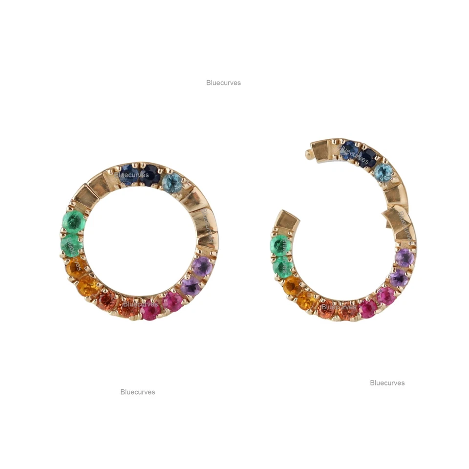 12mm Rainbow Sapphire Round Enhancer Push Lock, Pendant Charm Holder in 14k Gold - Image 4 of 4