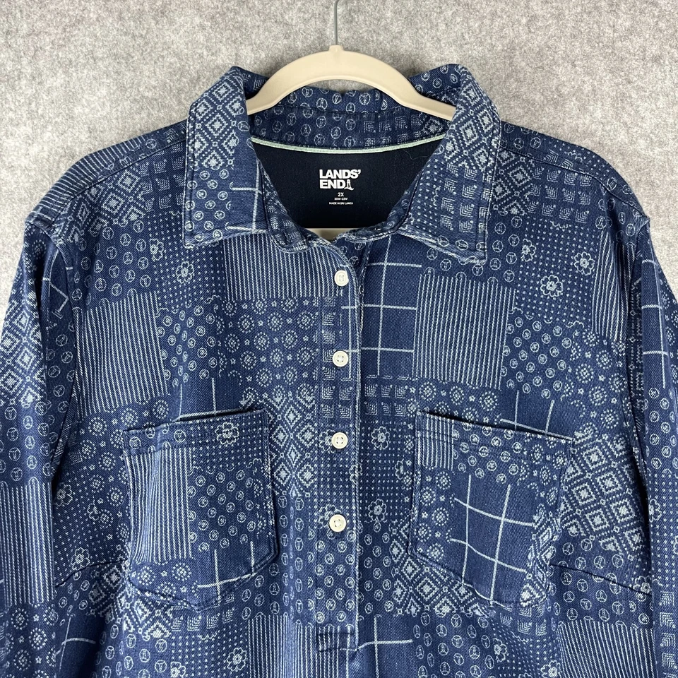 Top túnica de mezclilla elástica Lands End para mujer 2X azul estampado de retazos pesado artístico Foto 2 de 4