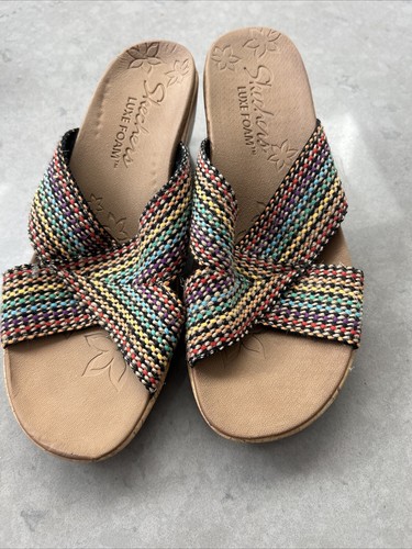 Skechers Cali Size 38 Eur US 8 UK 5 Luxe Foam Tan Multi Cork Wedge Heel Sandals - Picture 11 of 13