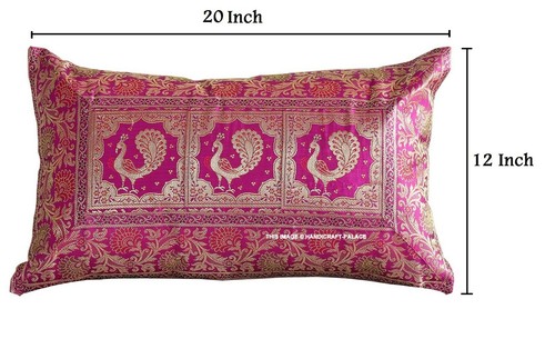 Indian Peacock Banarasi Silk Cushion Cover Handmade Golden Brocade Work Pillow - Picture 5 of 6