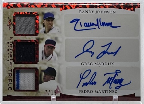 💥JOHNSON/MADDUX/PEDRO AUTOS💥2022 LEAF IN GAME TRIPLE JERSEY AUTOS💥LE #/15🔥🔥 - Picture 2 of 6