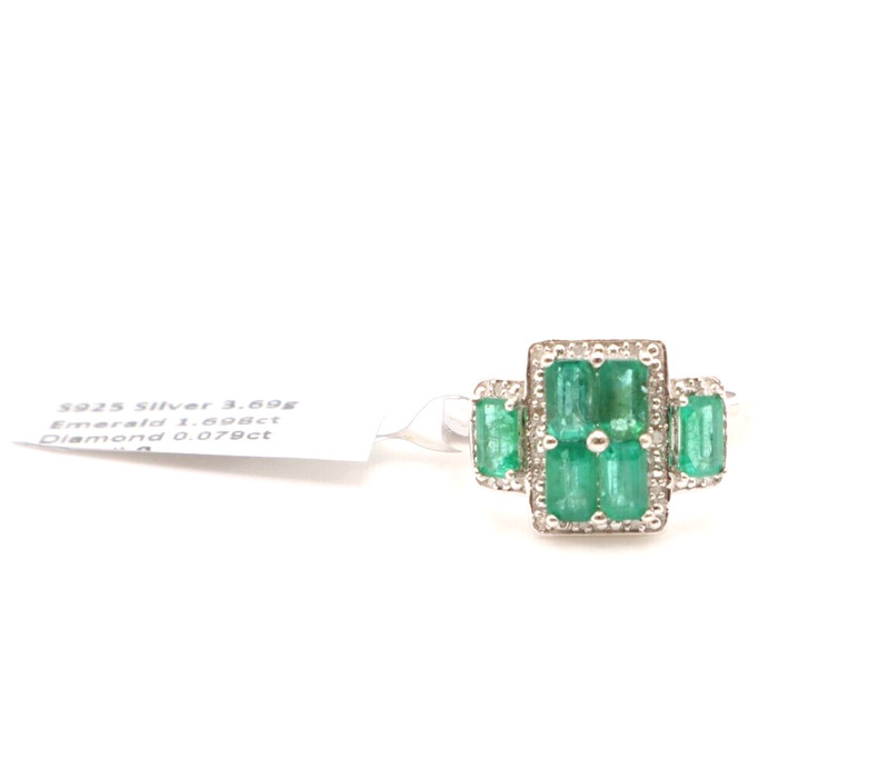 Sterling Silver 925 Emerald Cut Statement Emerald & Diamond Accents 8 Ring