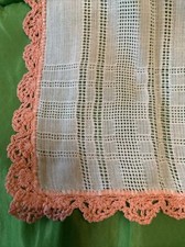 Vintage Hand Crochet Scalloped Border Handkerchief Peach on White