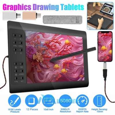 10x6 inch Digital Drawing Tablet HD Screen Graphics Tablet with  Battery-free Pen