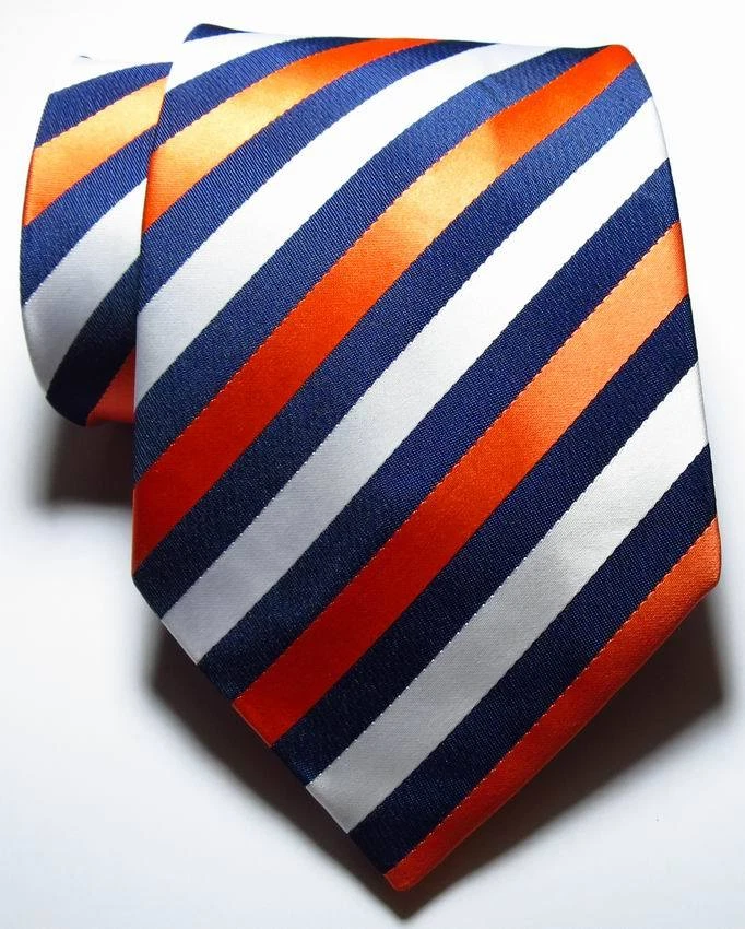 Nueva Corbata Clásica Rayas Naranja Azul Oscuro Blanco TEJIDA JACQUARD Seda Para Hombre Foto 2 de 2