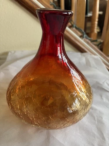 Blenko Amberina Crackle Glass Vase Or Decanter Base