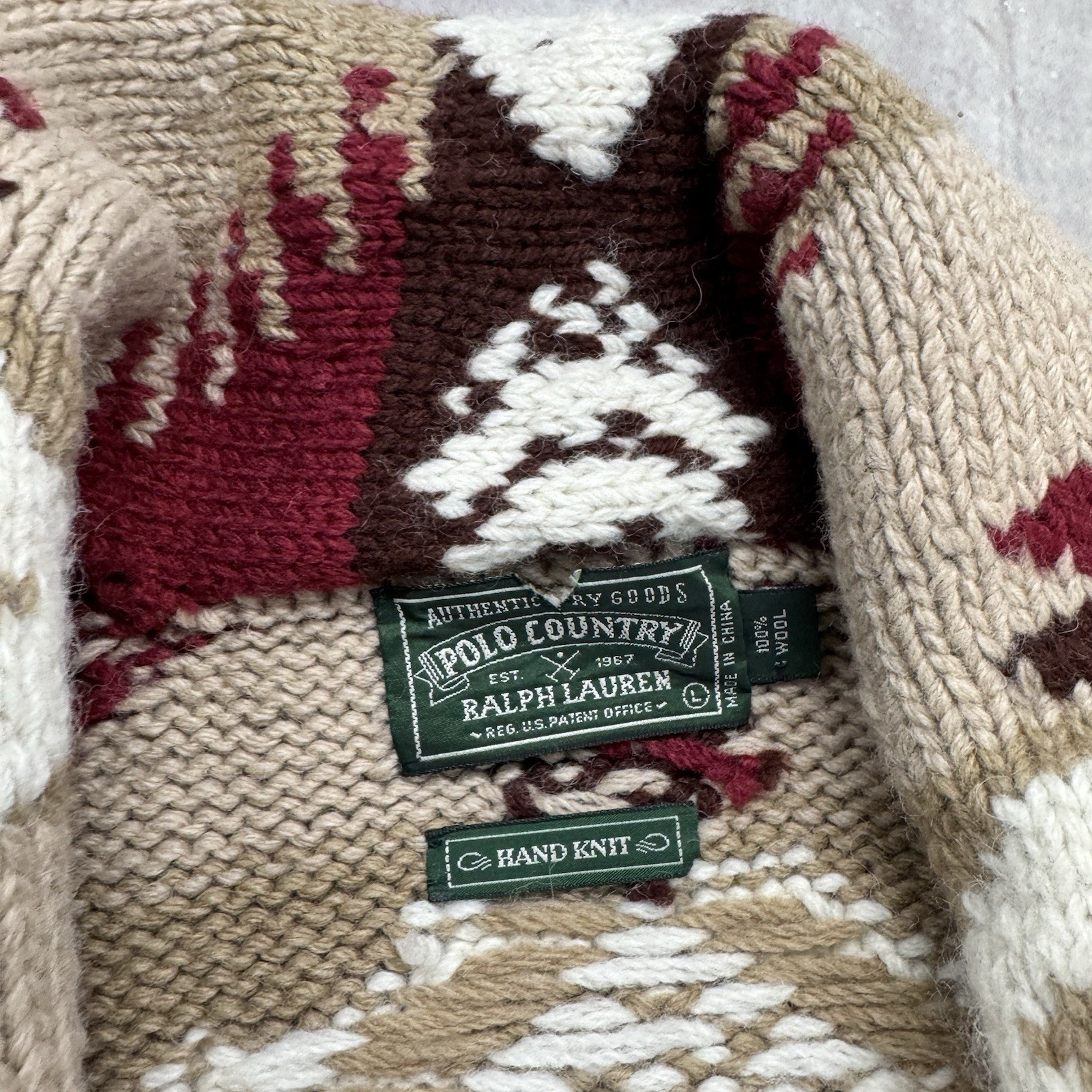 Vintage Ralph Lauren Country Navajo Hand Knit Cardigan Sweater Wool Size L Aztec image 4
