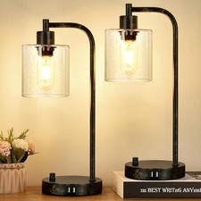 Set of 2 Industrial Table Lamps with 2 USB Port, Rustic Black Fully Stepless