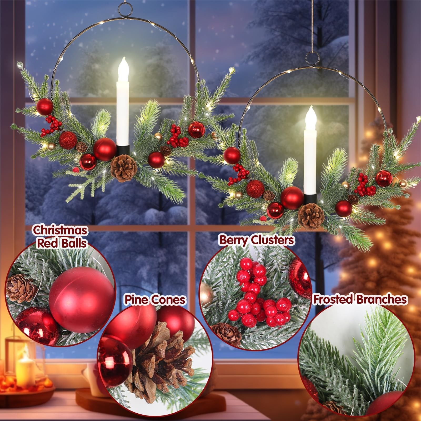 2Pack 16inch Christmas Wreath with Taper Candle Lights Christmas Wreath Outdo...