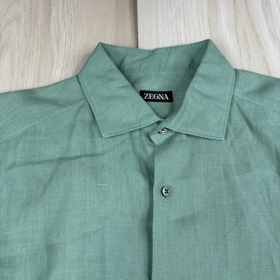 Camisa Ermenegildo Zegna Verde 100% Lino Frontal Abotonada Manga Larga Hombres L Grande Foto 4 de 4
