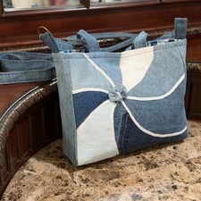 Upcycled Denim Patchwork Tote Bag Pinwheel Design w/ Crossbody Strap