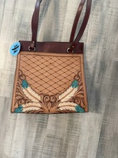 Hand Tooled Leather Tote Bag Floral Feather Turquoise Western Shoulder Purse