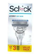 Schick Hydro Dry Skin 5-Blade Razor - 1 Razor Handle + 3 Cartridges