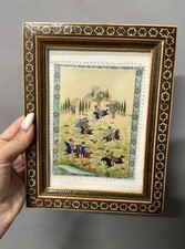 Quadro miniatura persiano vintage cornice intarsio Khatam scena di caccia
